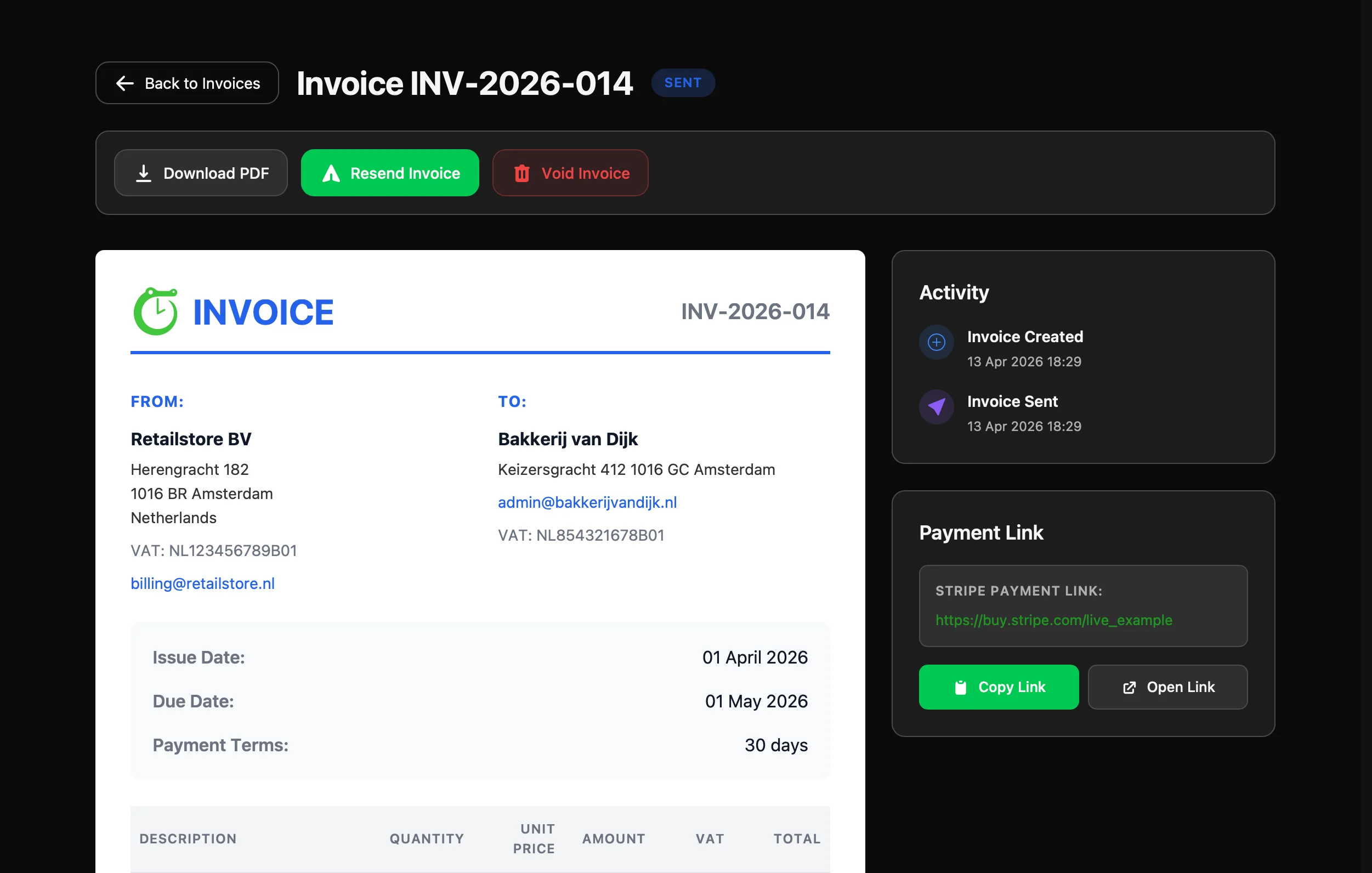 Infrix invoice detail showing hours billed, tax breakdown, and accounting export