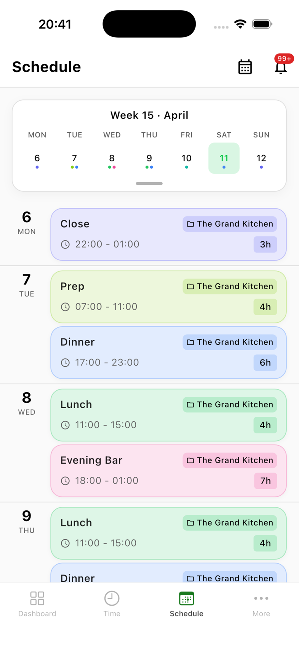 Infrix mobile schedule view showing the week's shifts at The Grand Kitchen — lunch, dinner, and evening bar slots with durations