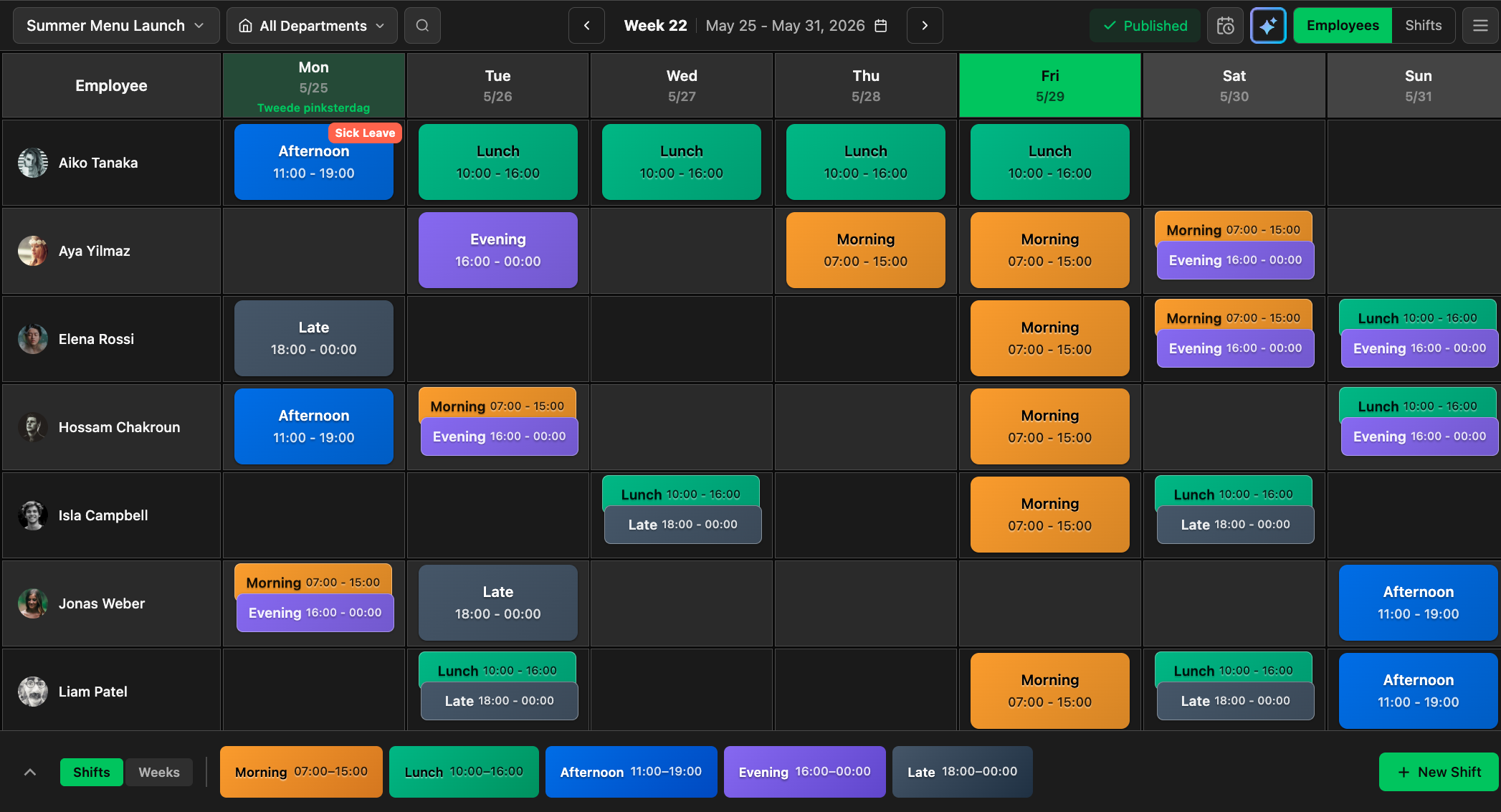 Infrix weekplanning — kleurgecodeerde diensten voor acht medewerkers met drag-and-drop