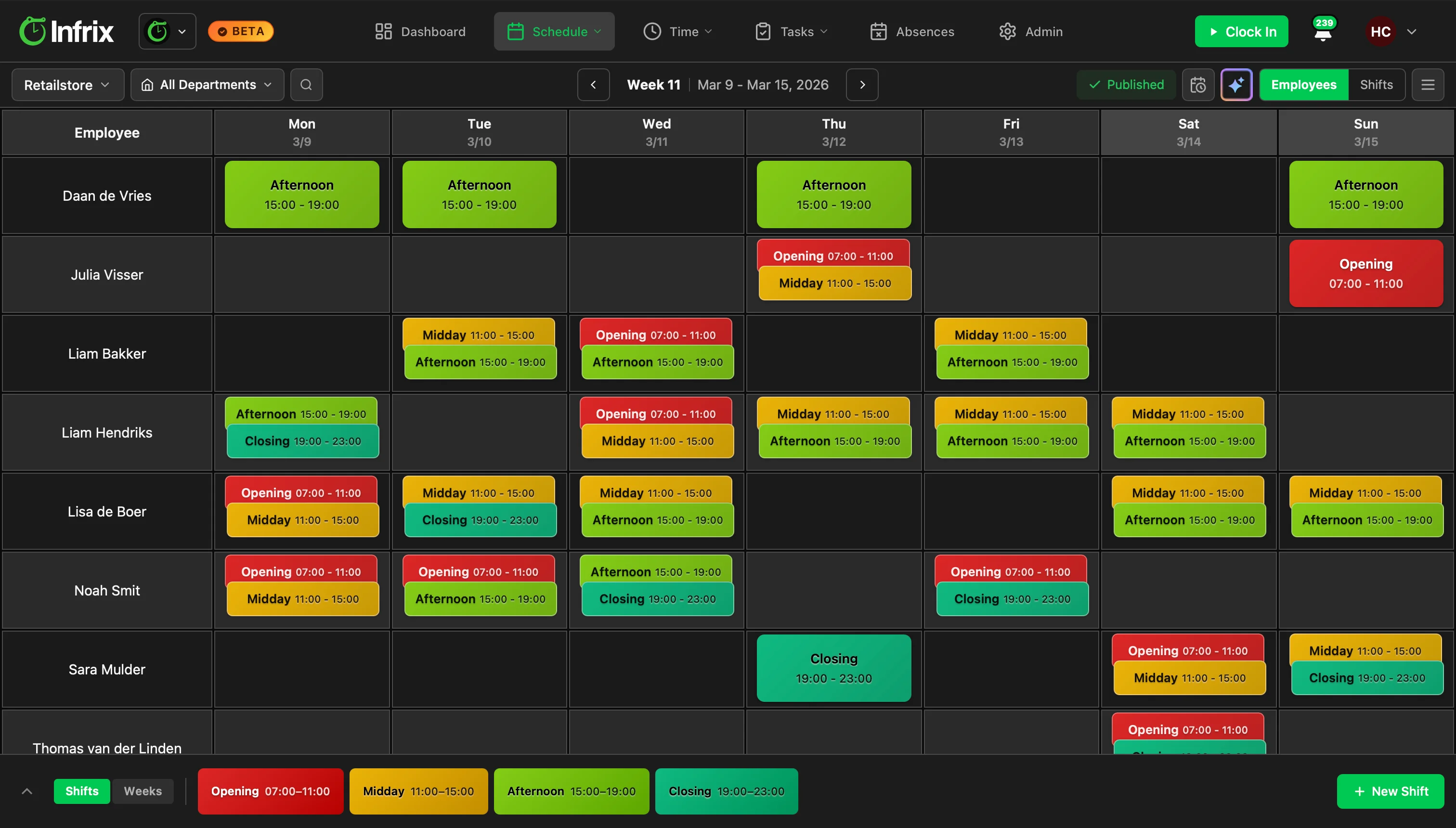 Weekly team schedule in Infrix showing drag-and-drop shift assignments