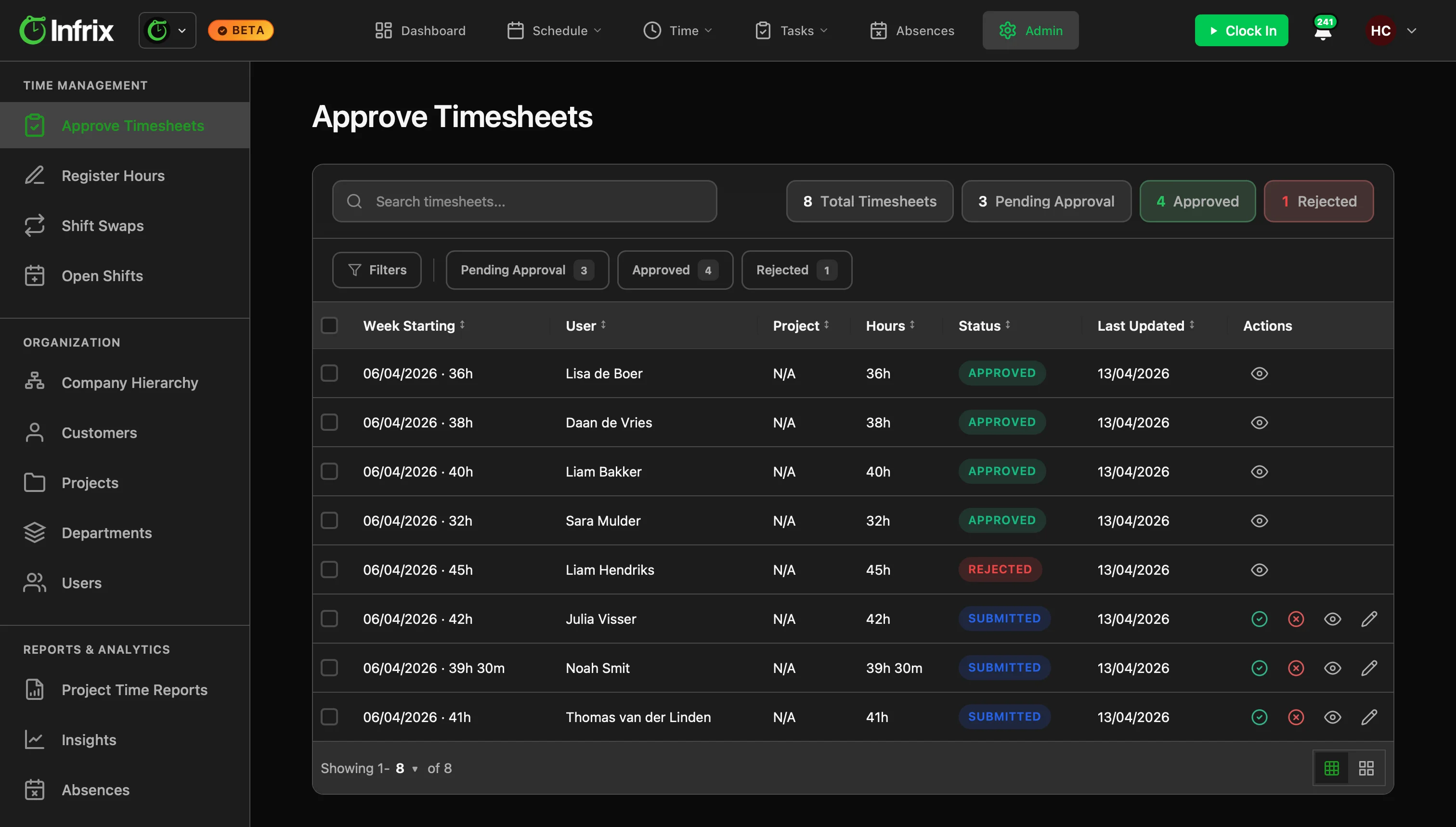 Infrix timesheet approval workflow with hours, overtime, and manager review